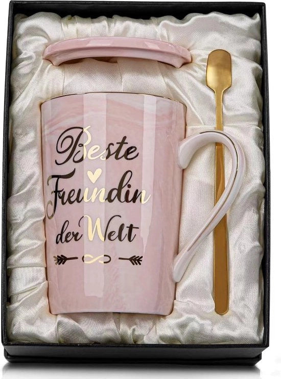 Tazza da caffè in porcellana, 400 ml, con slogan, migliore amica, regalo per donne con coperchio, cucchiaio, scatola di regalo rosa