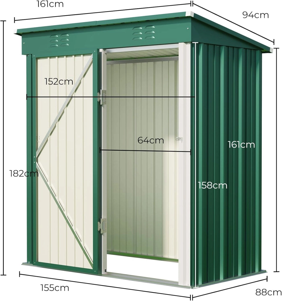 Casetta per attrezzi in metallo,Capanno per Attrezzi da Giardino in Metallo con Ripiani Regolabili, Tetto Inclinato, Prese d'Aria,per Prato, Patio e Cortile180x162x95 CM,Verde