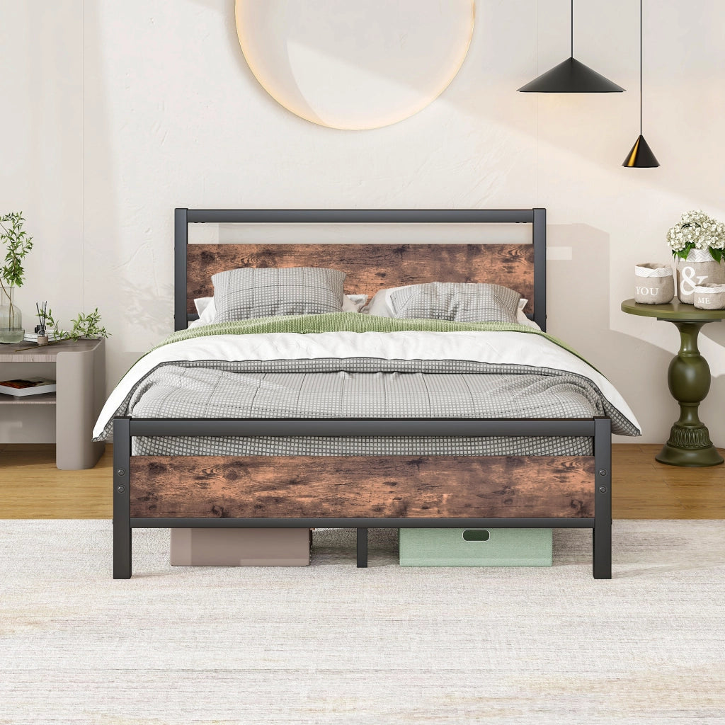 LETTO 140x190 cm in MDF e Metallo con rete a doghe, stile industriale, marrone