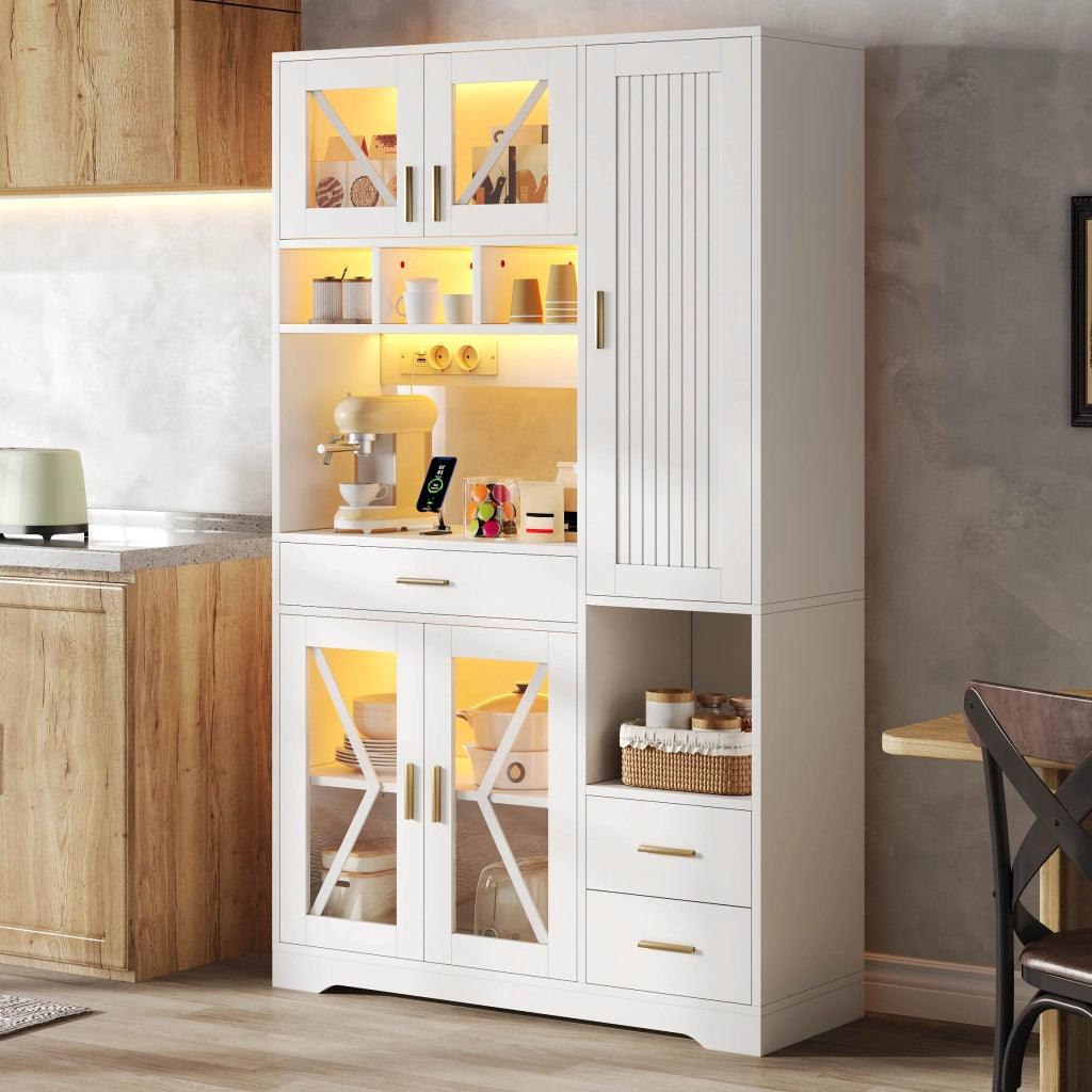 Credenza da cucina stile fienile con LED; prese e USB; 105x40x185 cm; bianca