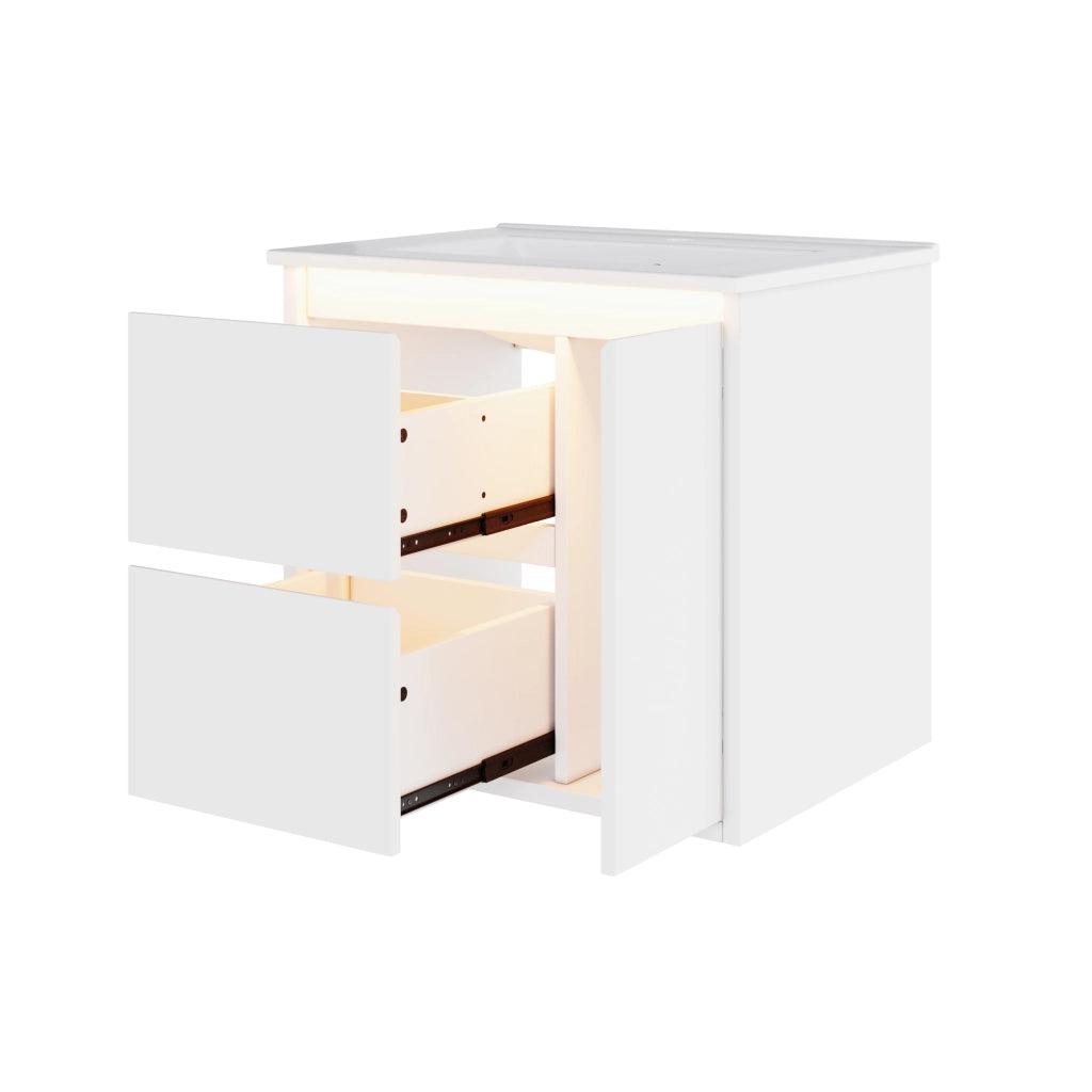 Mobile lavabo sospeso 61¡Á46,5¡Á57 cm in MDF/ceramica bianca, lavabo integrato, 2 cassetti, anta soft-close e LED con sensore.