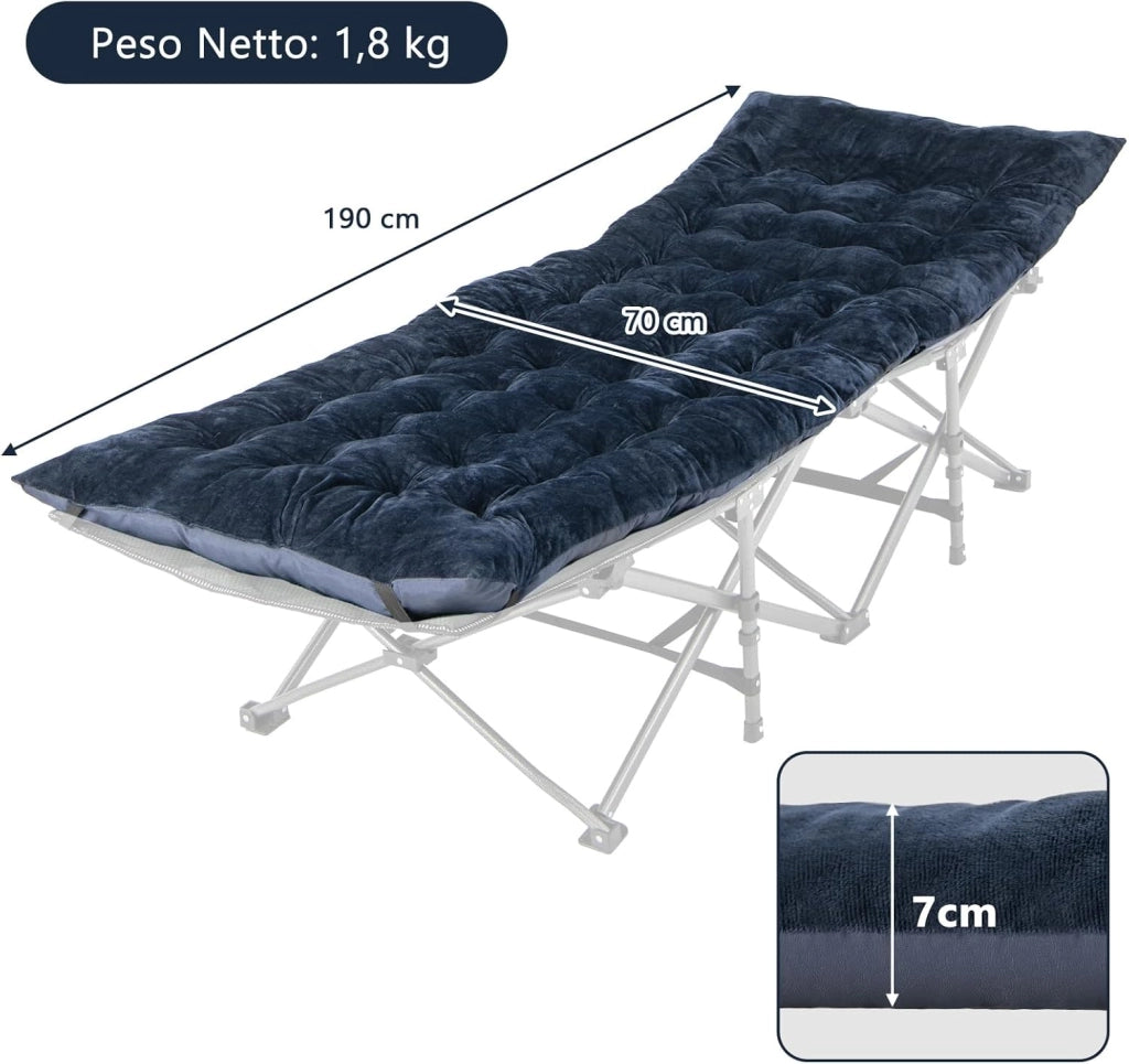 Cuscino per Sdraio, Cuscino Spesso da 190 x 70 x 7 cm con 4 Cinghie di Fissaggio, Tasca per Fissare al Letto, per Lettino da Campeggio, Vacanze in Campeggio (blu)