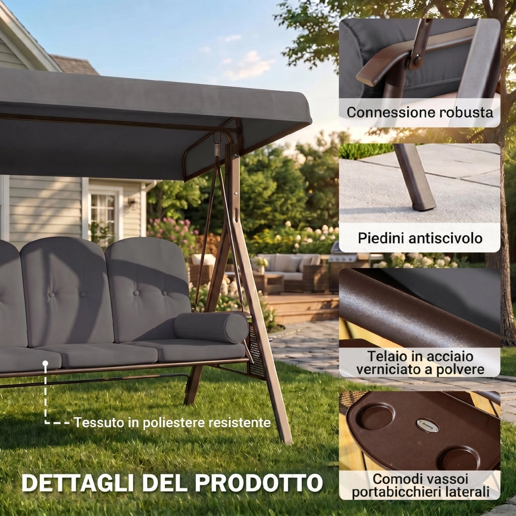 Dondolo da Giardino 3 Posti con Cuscini ¨C zephmum ¨C Grigio 208x120x172 cm