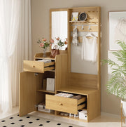 Mobile da ingresso con specchio; 2 cassetti e ganci regolabili; 105x38x180 cm; legno
