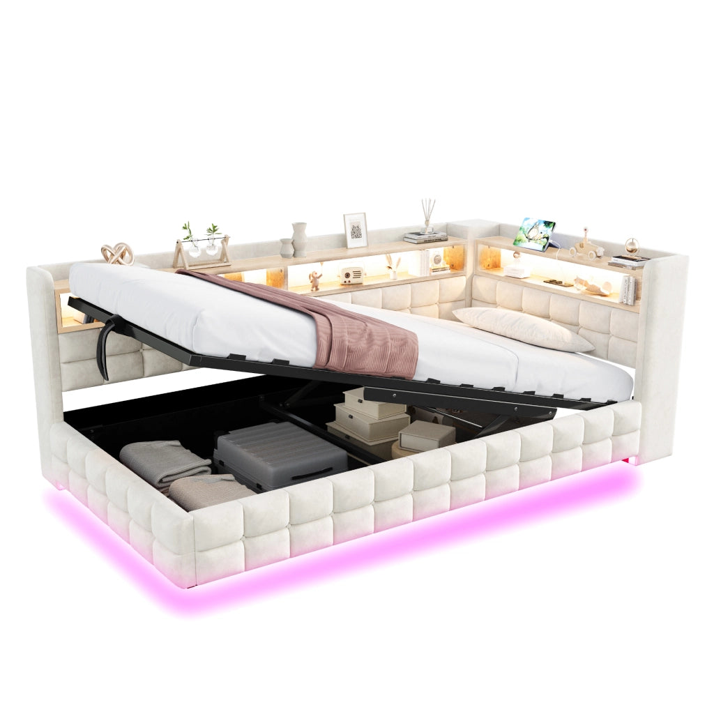Letto singolo imbottito 90×200 cm con contenitore; LED; prese USB e Type-C; ripiani; senza materasso; beige