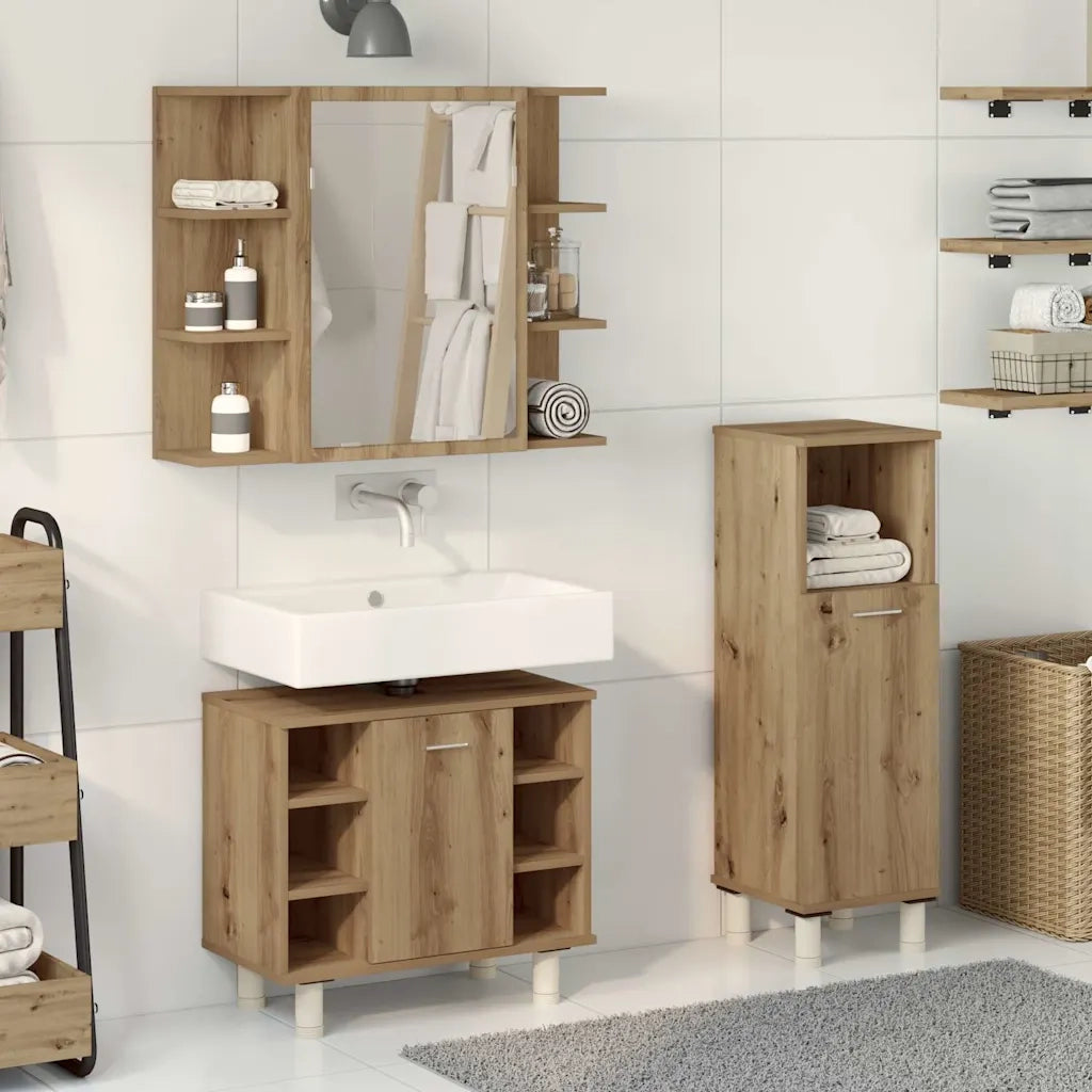 Set Mobili da Bagno | Armadio da bagno 3 pz Rovere Artigianale Legno Multistrato