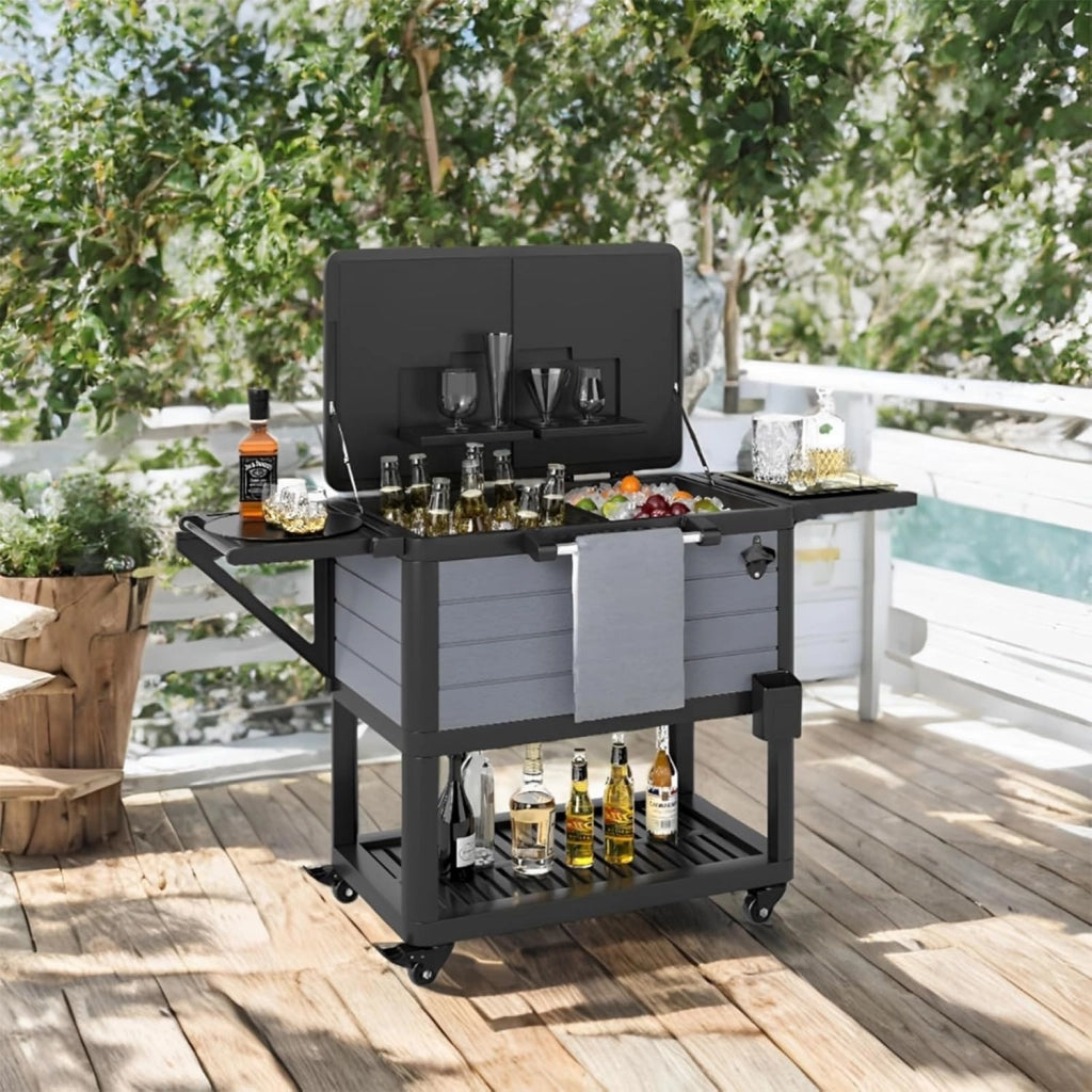 Cassettiera per rotelle, 91 l, bar, per esterni, mobile, 83 x 50 x 85 cm, con separatore rimovibile, 2 ripiani laterali pieghevoli, 4 ruote universali, per giardino, terrazza, piscina