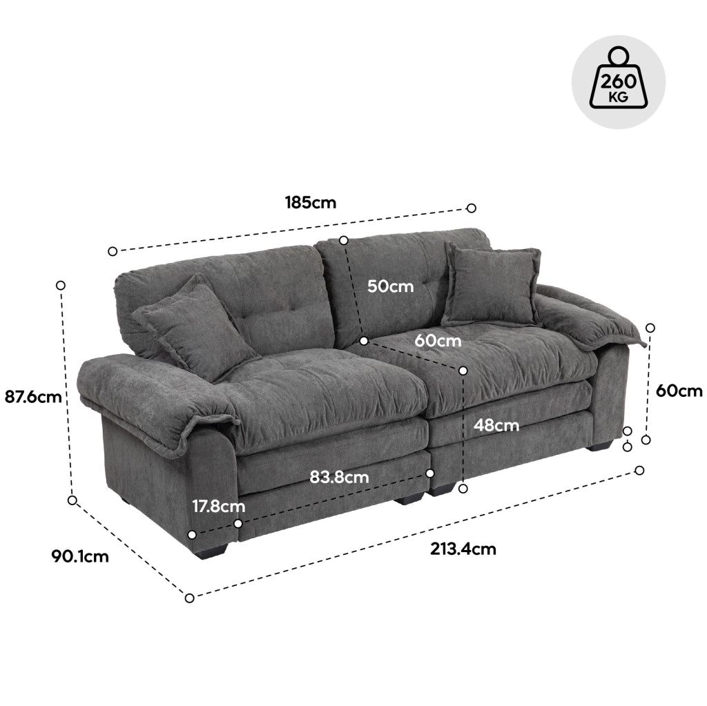 Divano 2 posti in Chenille 214x89x93 cm con cuscini doppi in memory foam e molle a tasca