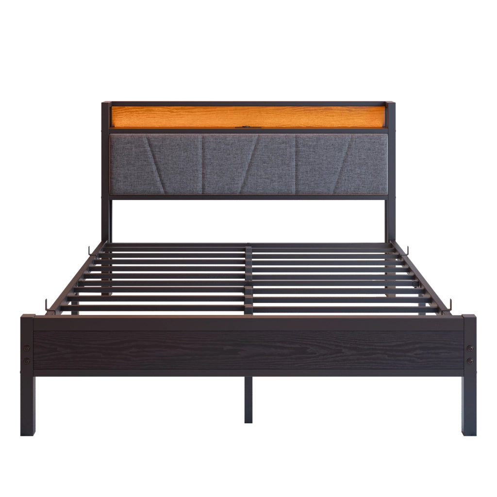 LETTO 140x200 cm in metallo e MDF nero con testiera contenitore e USB
