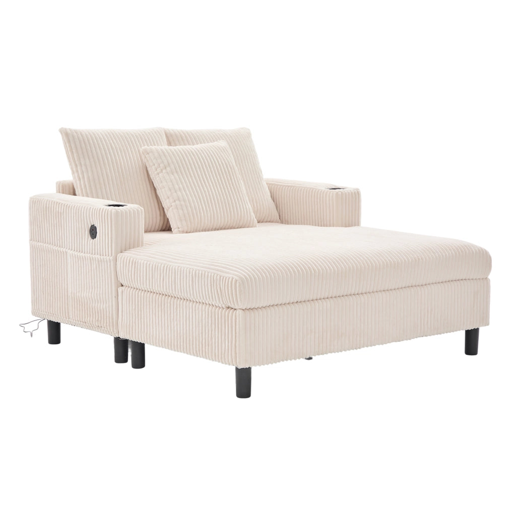 Poltrona relax oversize in corduroy beige con LED, porta USB, portabicchieri e struttura in legno massello