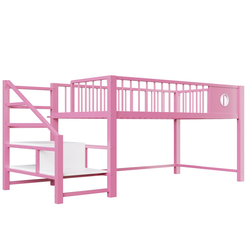 Letto a soppalco basso per bambini e adolescenti 90 × 200 cm con scala contenitore, senza materasso, in metallo, rosa