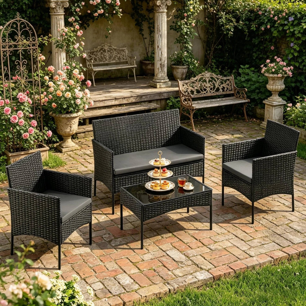 Set mobili da giardino per 4 persone in rattan PE nero; con tavolino in vetro temperato 71 cm