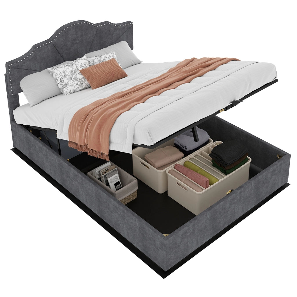 Letto Contenitore Imbottito ¨C MINIMAL ¨C Grigio 160x200 con Testiera, Doghe e Sollevamento Idraulico