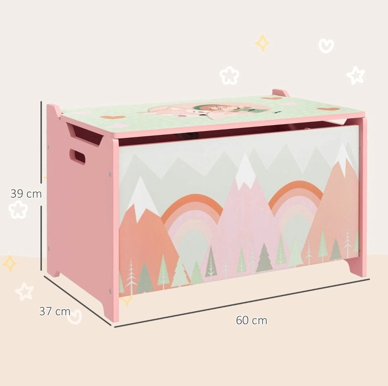Cassapanca portagiochi rosa in legno con coperchio di sicurezza