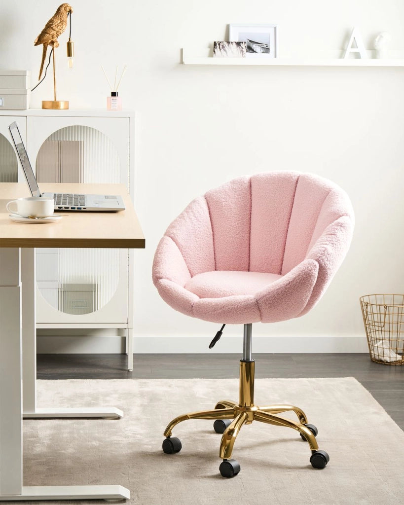 Elegante sedia da ufficio girevole in tessuto bouclè rosa pastello con base regolabile in altezza Design moderno Home Office