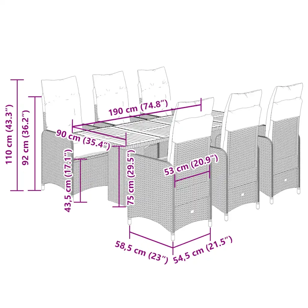 Set BistrÃ² da Giardino 7 pz con Cuscini in Polyrattan Grigio