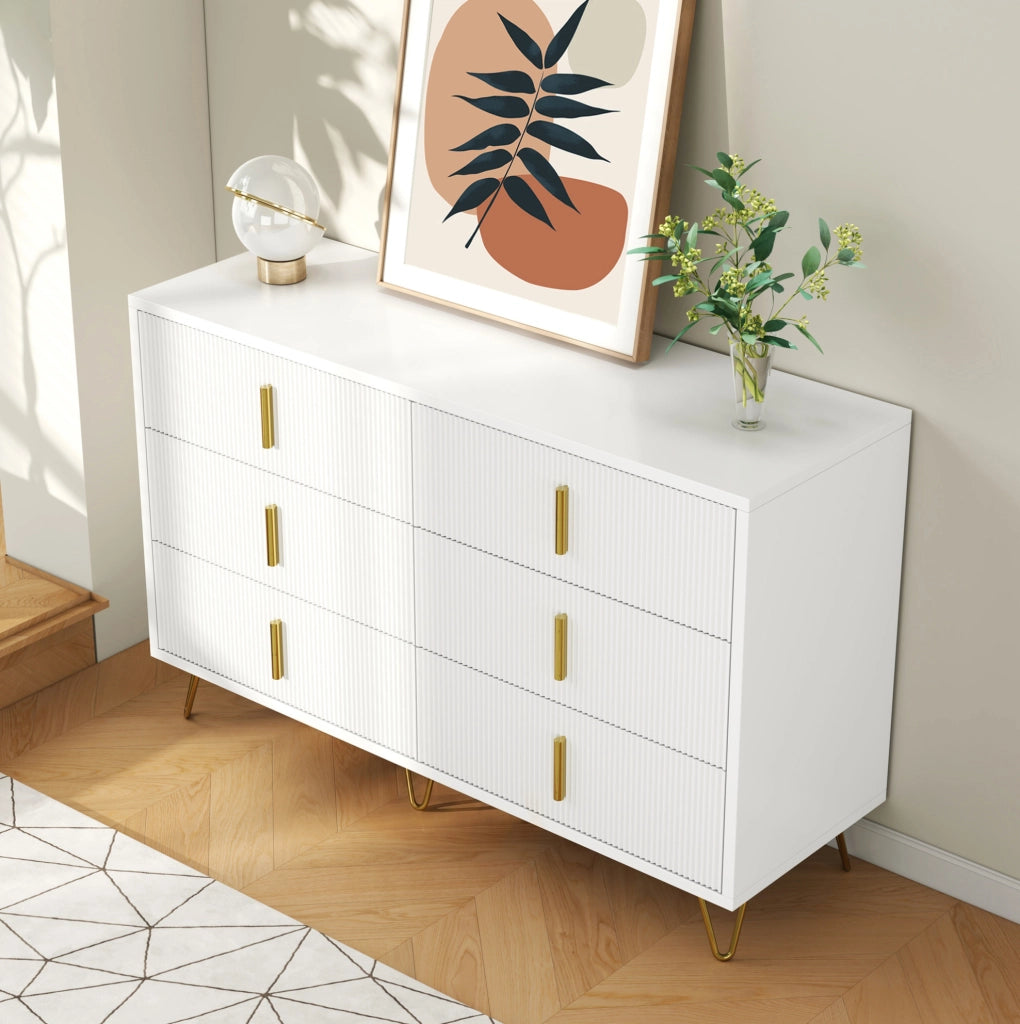 Credenza 120x40x77 cm bianca e oro – 6 cassetti, ampio spazio