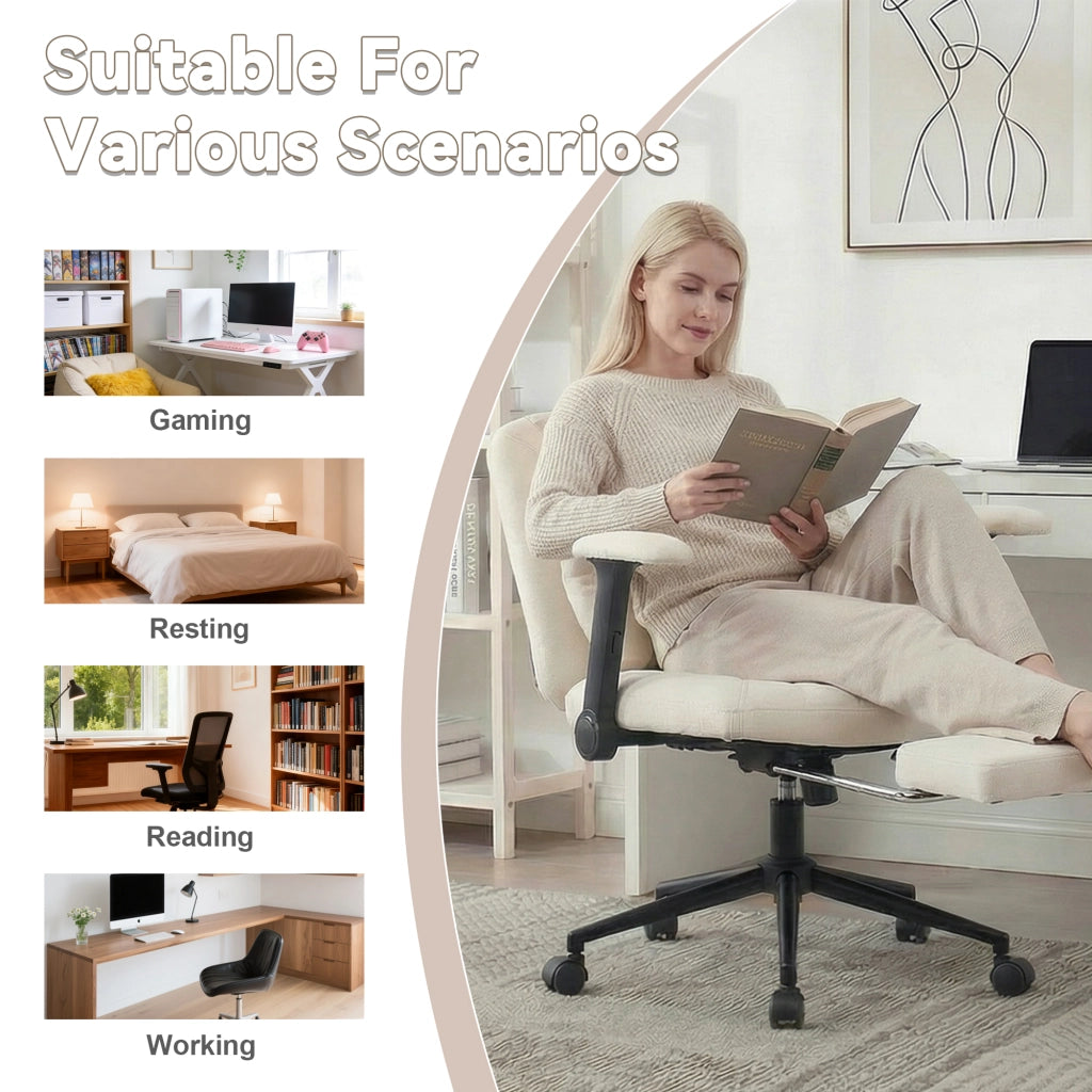 Sedia da Ufficio Girevole con Altezza Regolabile, Cuscino Lombare Gonfiabile, Ruote, in Tessuto Beige