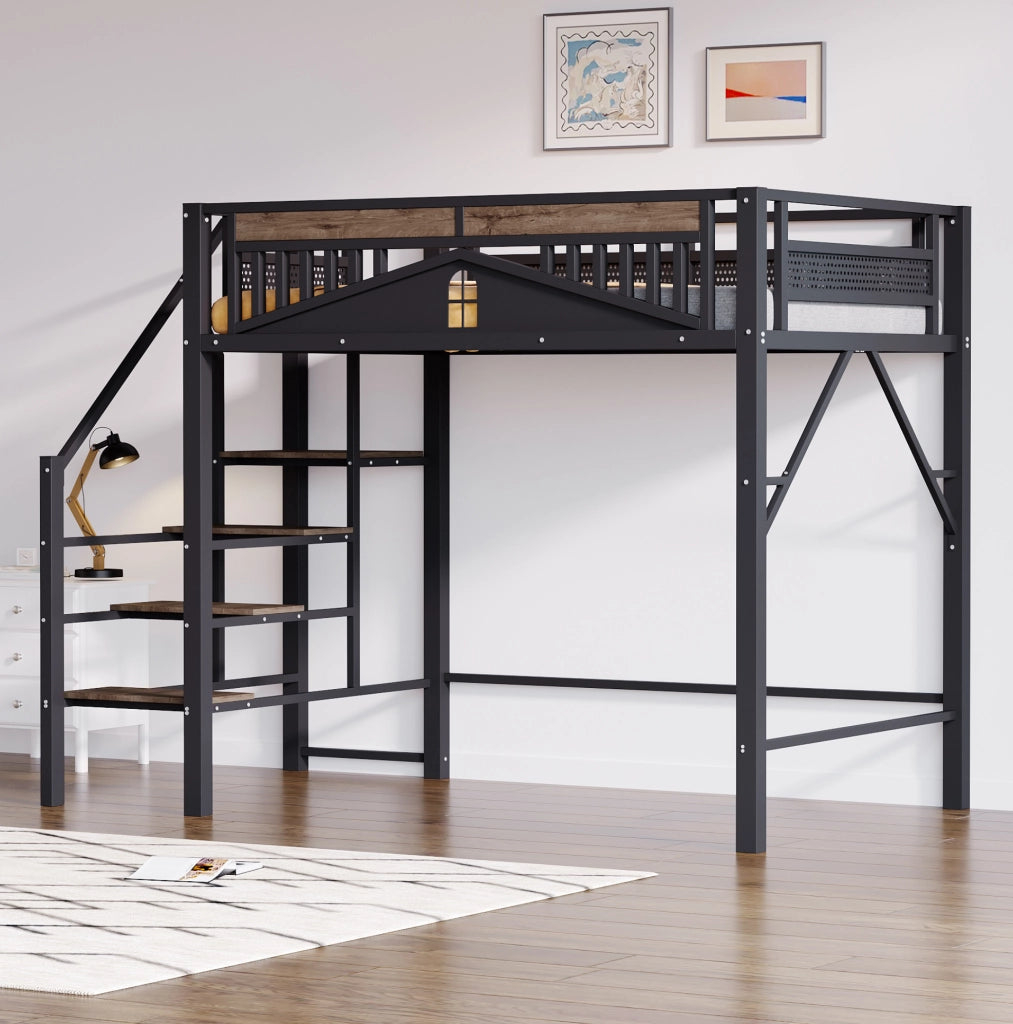 Letto a soppalco 140x200 cm in metallo con scala di sicurezza e spazio sottostante; nero