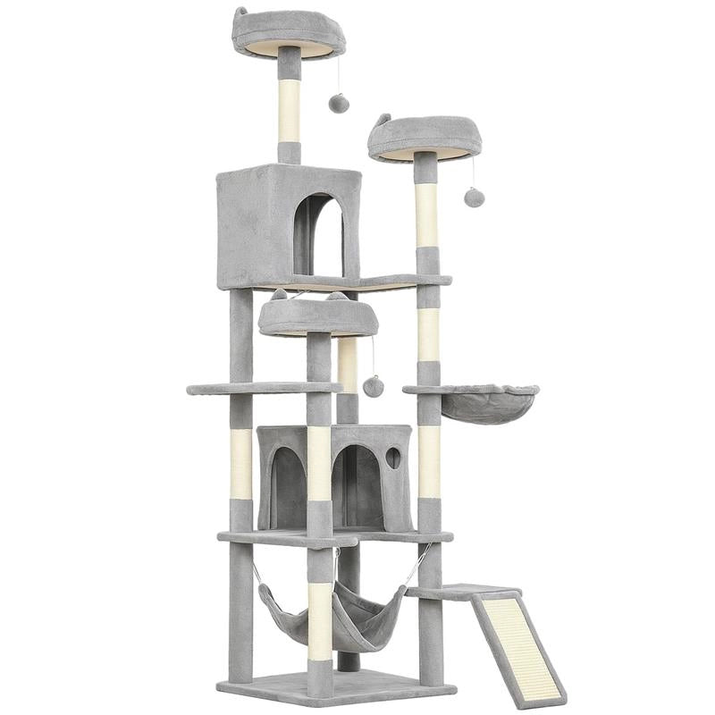 ALBERO TIRAGRAFFI PER GATTI CON SCALA, 2 AMACHE, 3 POSATOI, 2 CASETTE E 3 PIATTAFORME, 48X48X192 CM, GRIGIO E CREMA
