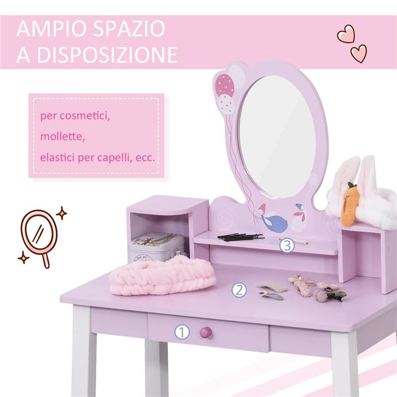 SET TAVOLO SPECCHIO E SGABELLO IN LEGNO PER BAMBINI ROSA