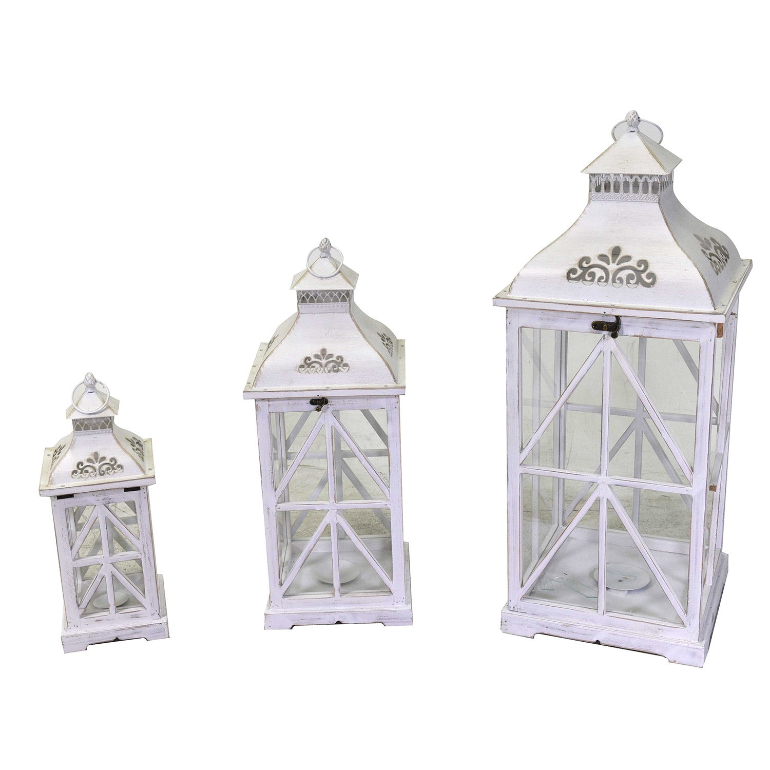 Set 3 Lanterne in Legno in Metallo sbiancato quadro