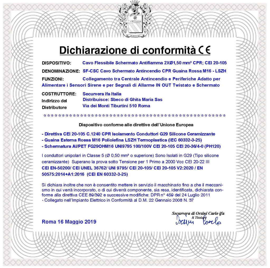 CAVO PER IMPIANTO ANTINCENDIO COLORE ROSSO 2X1,50 MM² CPR-750 V CEI 20-105 UNEL 36762 LSZH SCHERMATO TWISTATO A COPPIE