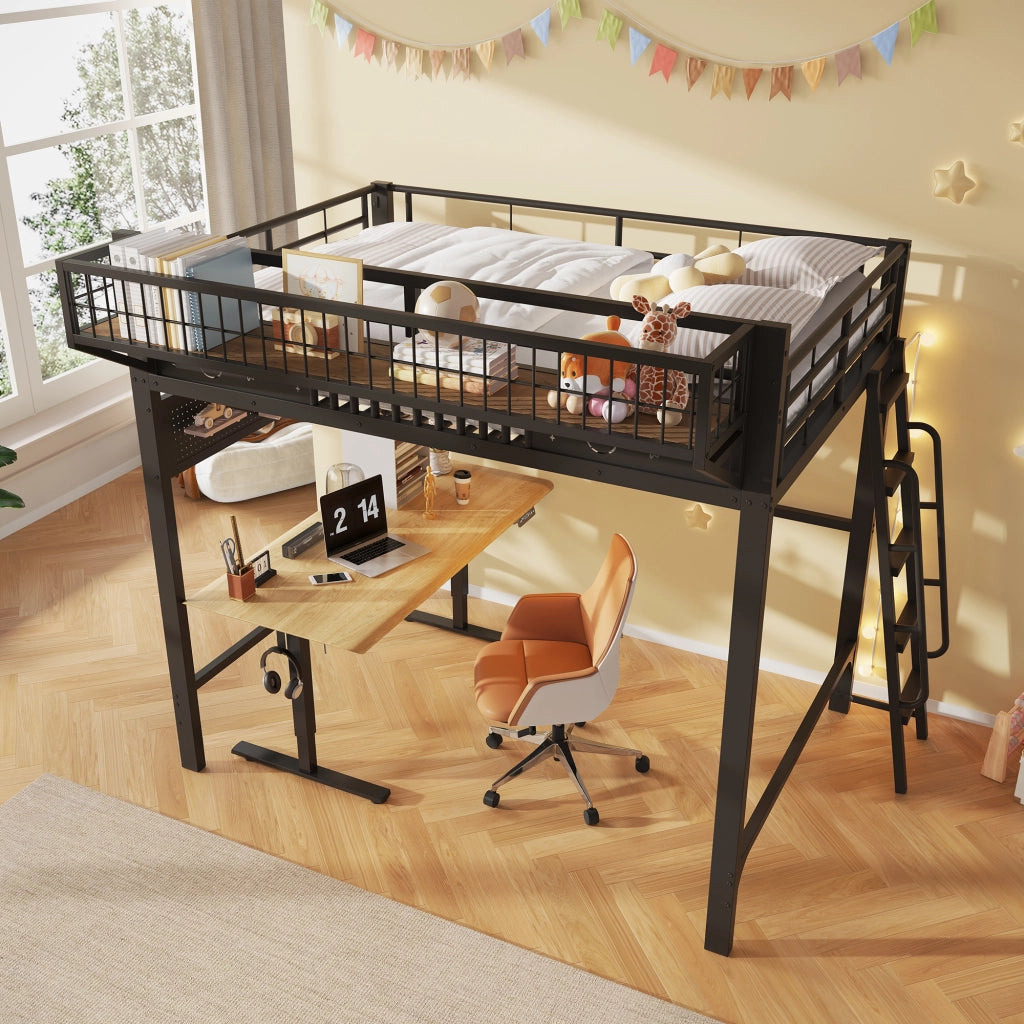 Letto a soppalco per bambini 140x200 cm; in metallo con vani portaoggetti integrati e spazio inferiore aperto; nero