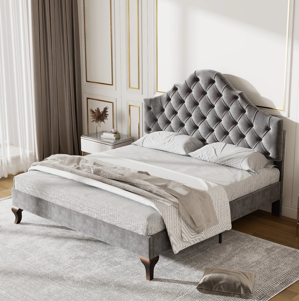 Letto imbottito 140x200 cm; testiera imbottita e rete a doghe; velluto grigio