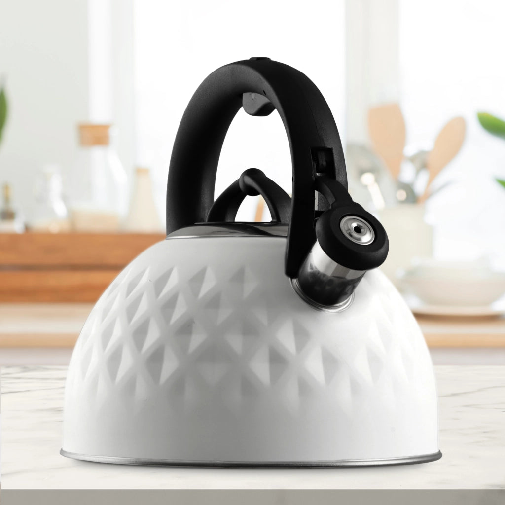 Bollitore a gas e induzione KADAX da 2,5 litri con fischietto, colore bianco, in acciaio, stile tradizionale.