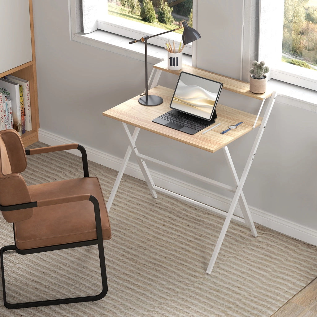 Scrivania Pieghevole con Ripiano per Monitor, 81.5x62x86.5 cm, Legno e Bianco