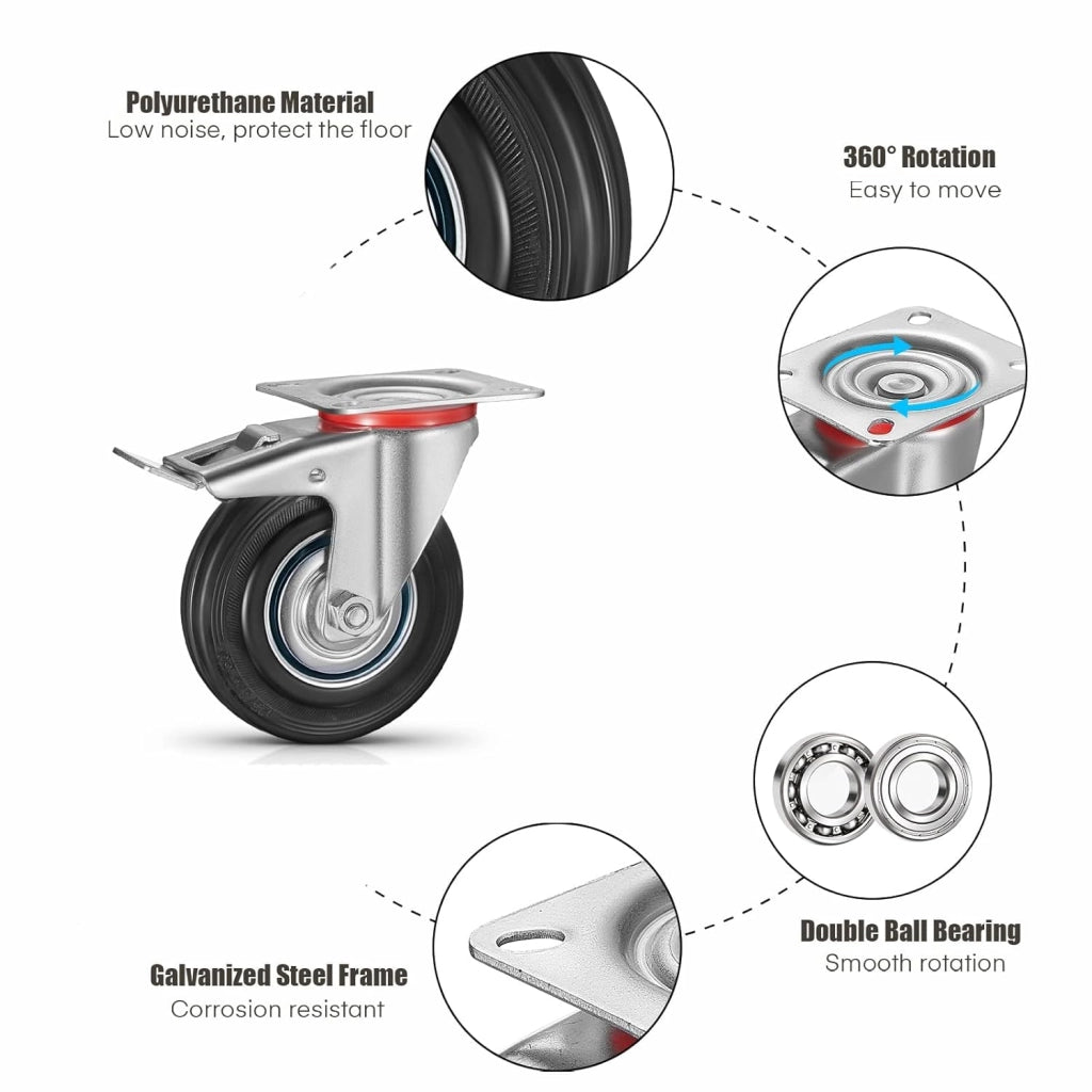 8 ruote di carico pesanti da 125 mm, ruote per il trasporto con freno fino a 400 kg, rotanti a 360°, nessun rumore (2 ruote freno, 2 ruote girevoli)