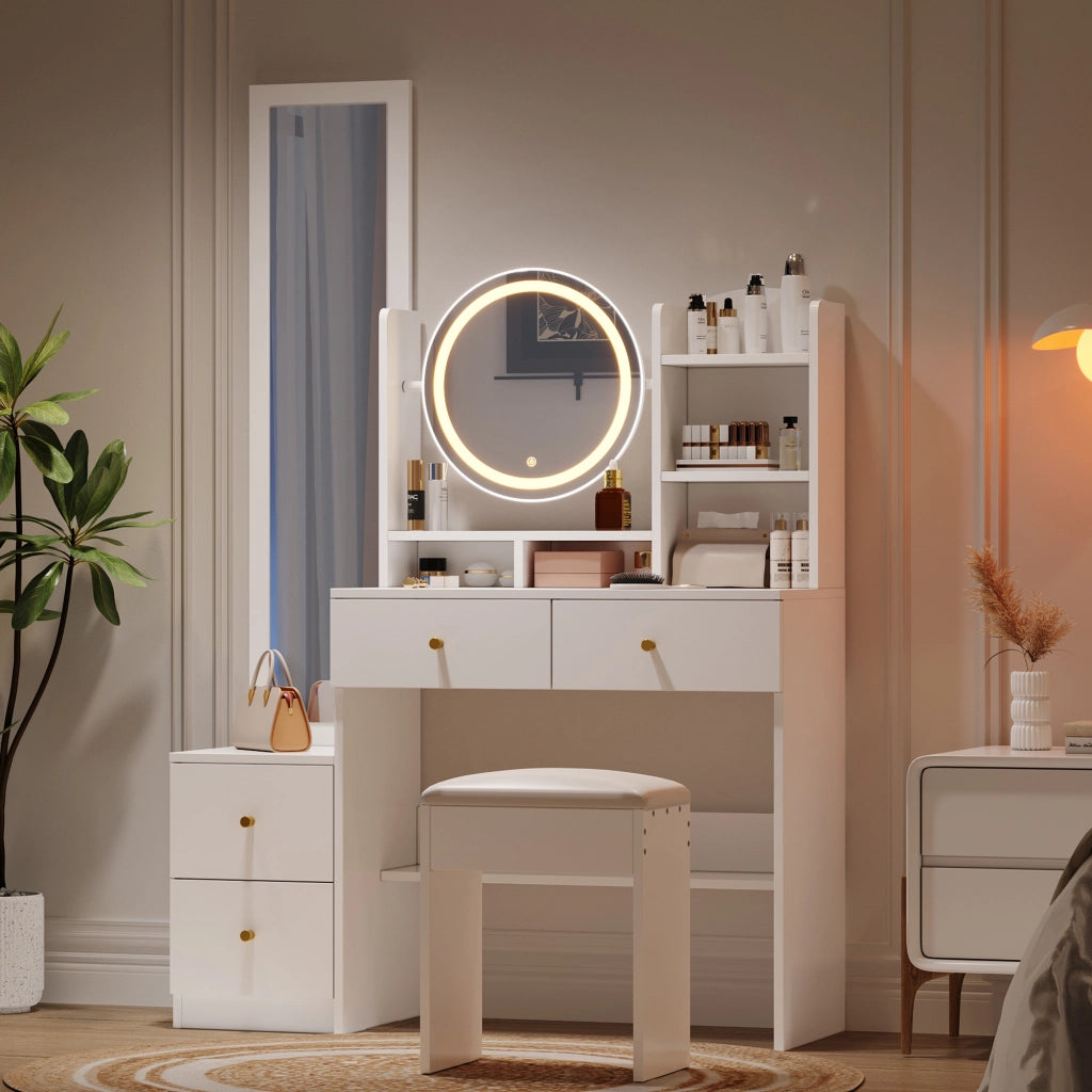 Toeletta con 4 cassetti; specchio LED e sgabello per camera da letto in truciolare bianco