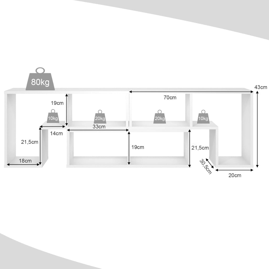 Mobile Porta TV Combinabile con Ripiani Aperti, per TV Fino a 65 Pollici, Mobile TV di Legno per Camera da Letto, Soggiorno, Capacità di Carico Massima 80 kg, 134-180 x 30 x 43 cm (Bianco)