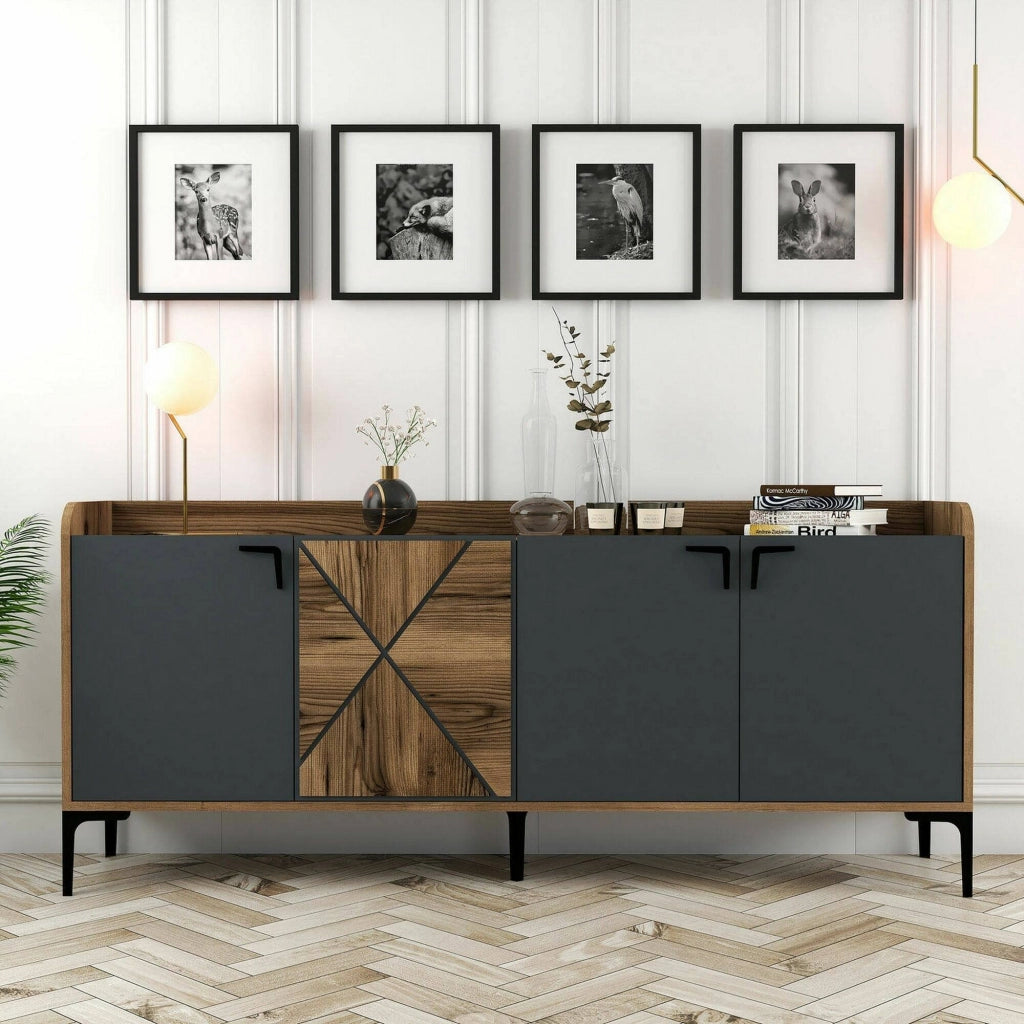 Credenza Also, Credenza da soggiorno, Armadio basso per TV, Base parete attrezzata, 180x35h78 cm, Noce e Antracite