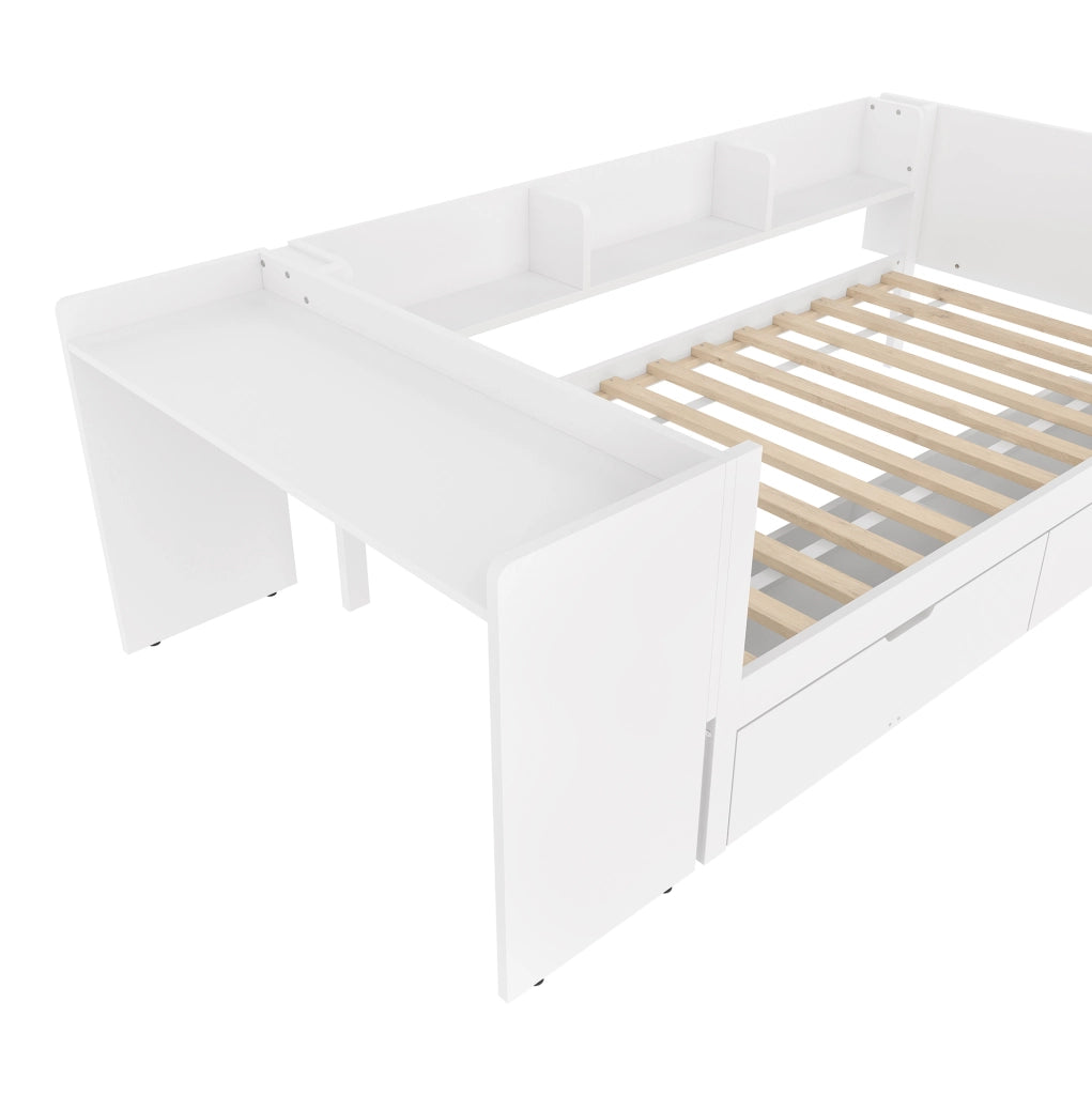 Letto 90x200 cm con scrivania; 2 cassetti e ripiani in legno bianco