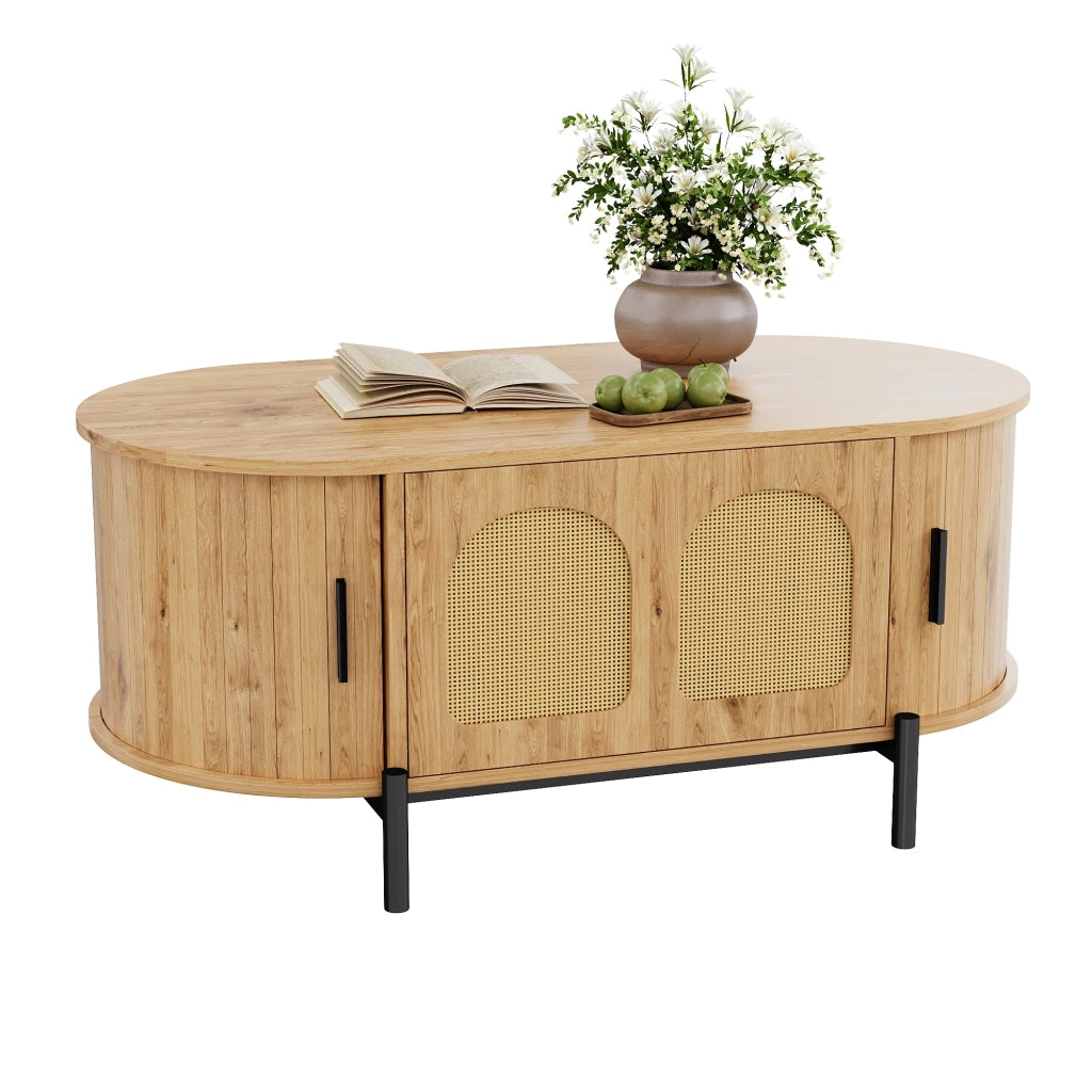 Tavolino da salotto ovale con 3 ante scorrevoli in rattan; vano contenitore; per soggiorno; MDF naturale 100 × 50 × 40 cm