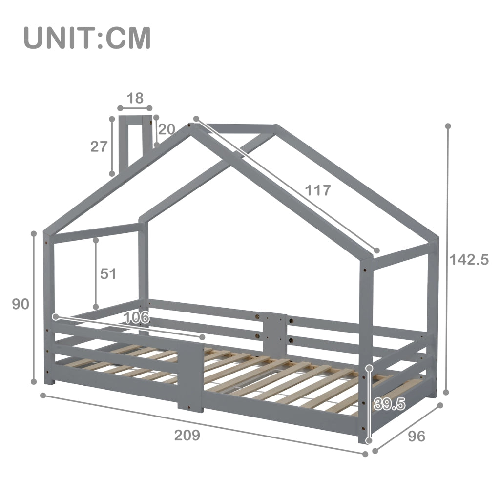 Letto per bambini a forma di casetta in legno di pino grigio 90 x 200 cm, senza materasso