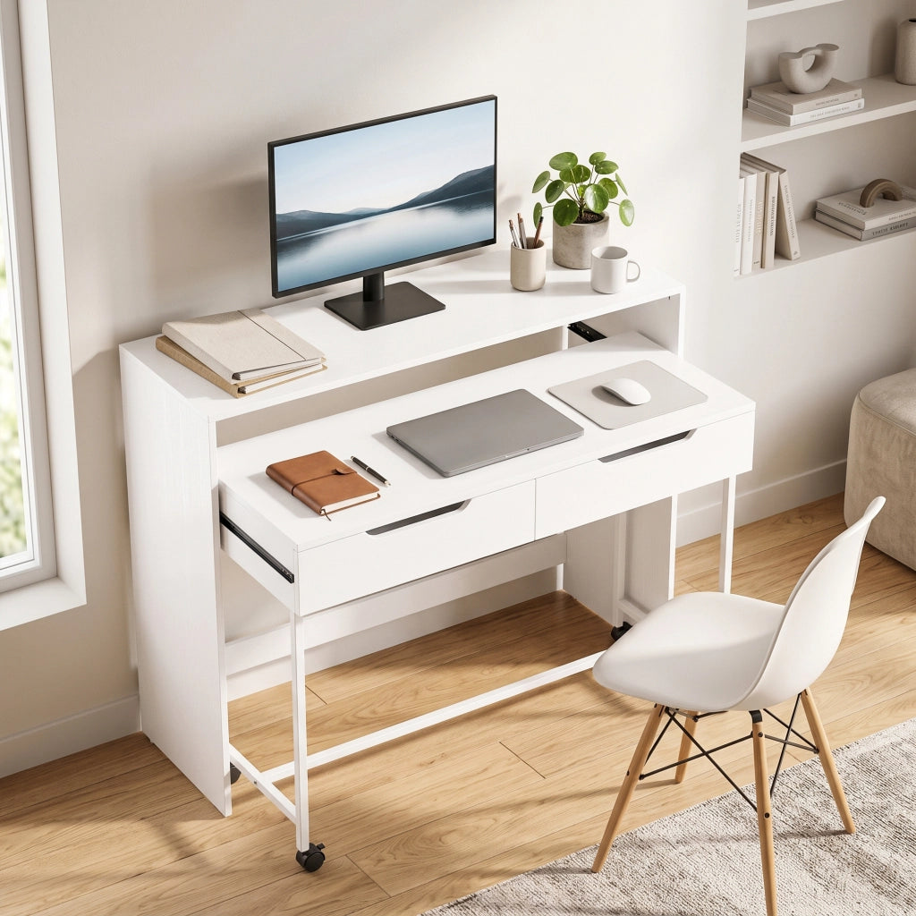 Scrivania computer estensibile con 2 cassetti, bianca, design moderno, salvaspazio, 100 cm, per casa e studio