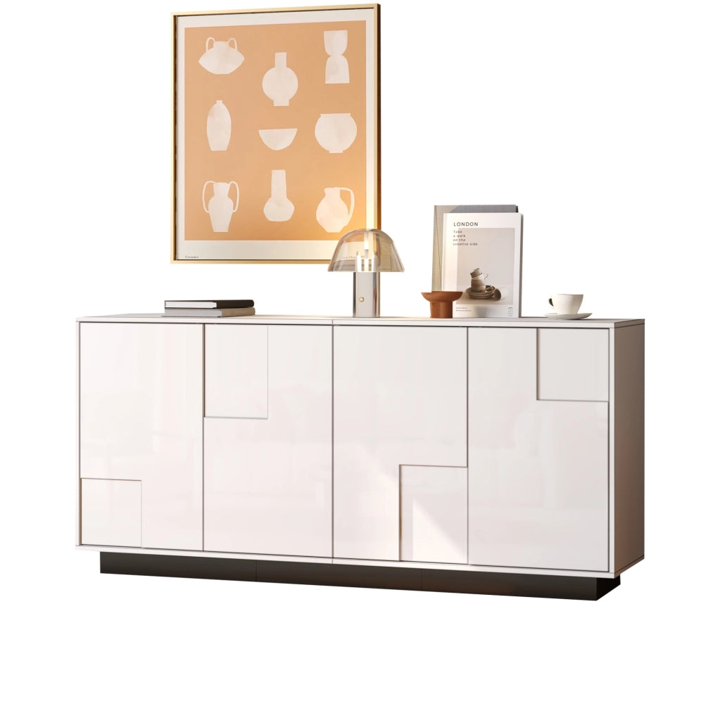 Credenza 160x37x75.5 cm con 4 ante geometriche lucide e push to open in truciolare bianco e nero