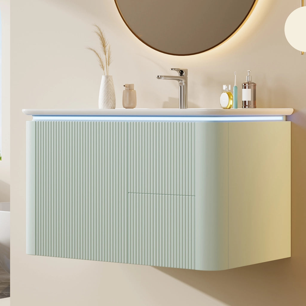 Mobile sottolavabo con LED, lavabo in ceramica e 4 cassetti, per bagno, in MDF e ceramica, verde, 80,5 × 47,5 × 51 cm
