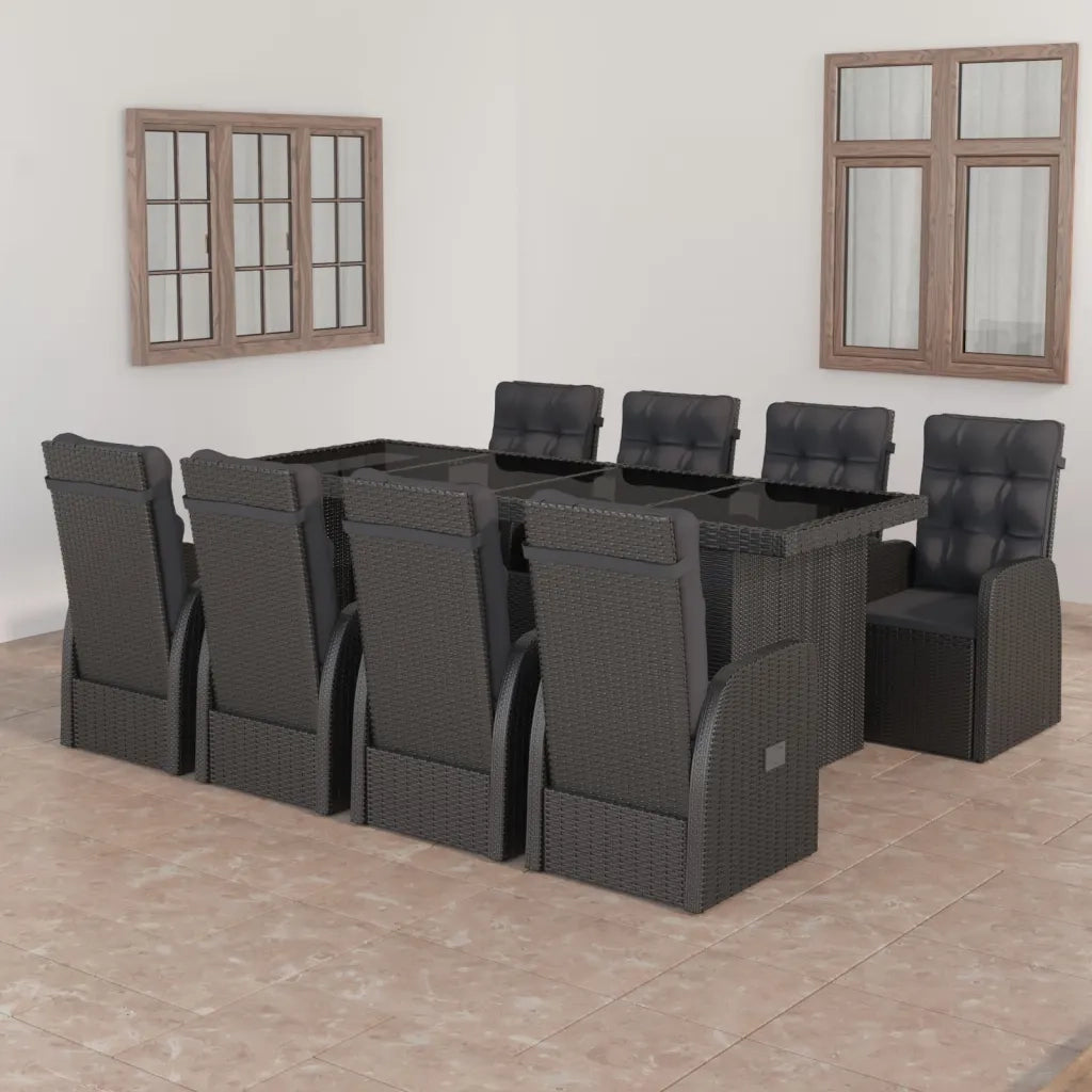 Set da Pranzo da Giardino 9 pz con Cuscini in Polyrattan Nero