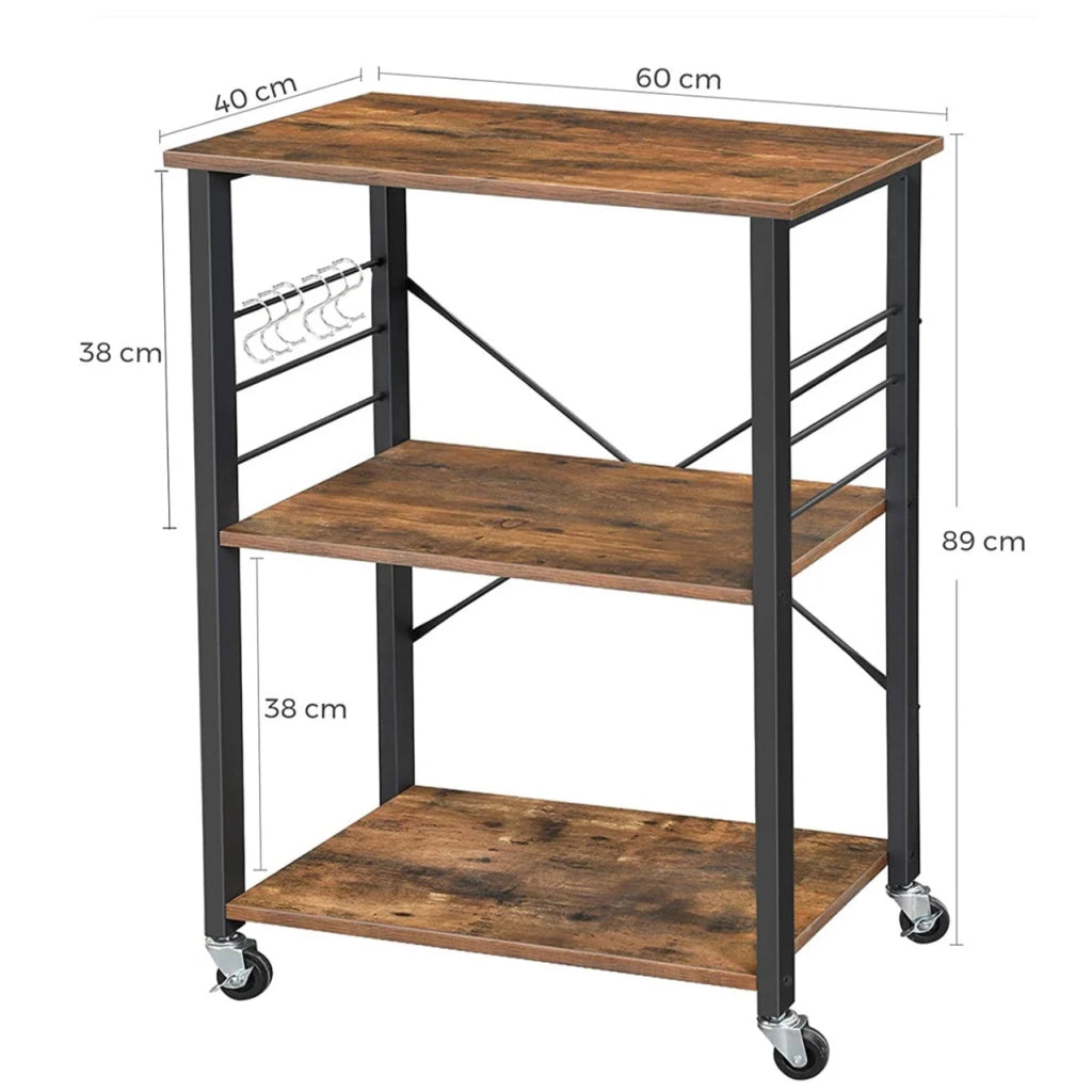 Carrello da cucina 3 ripiani 60 x 40 x 89 cm per microonde mini forno tostapane struttura in metallo con 6 ganci stile industriale marrone rustico 12_0005674