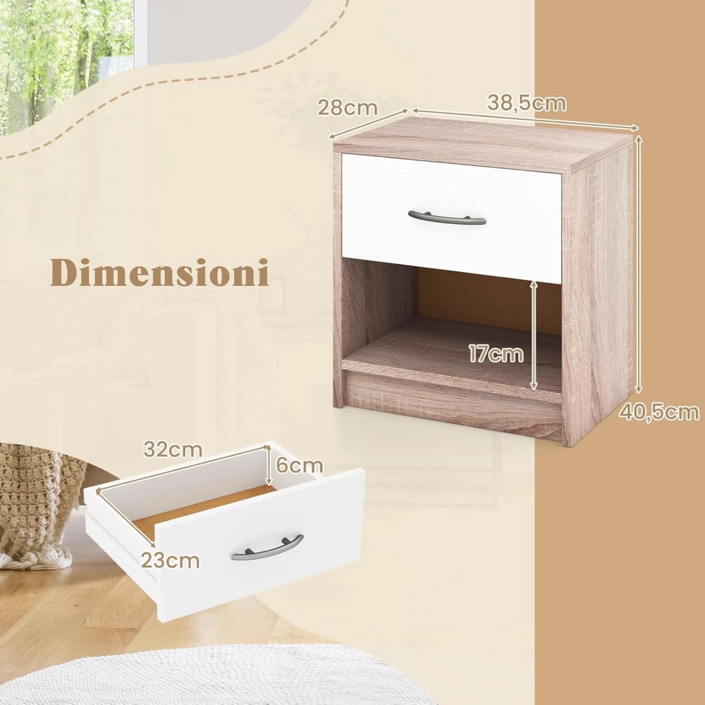 COSTWAY Comodino 38,5 x 28 x 40,5cm in Legno, Tavolino Salvaspazio con Scomparto Aperto e Casseto per Soggiorno e Camera da Letto (Naturale+Bianco)