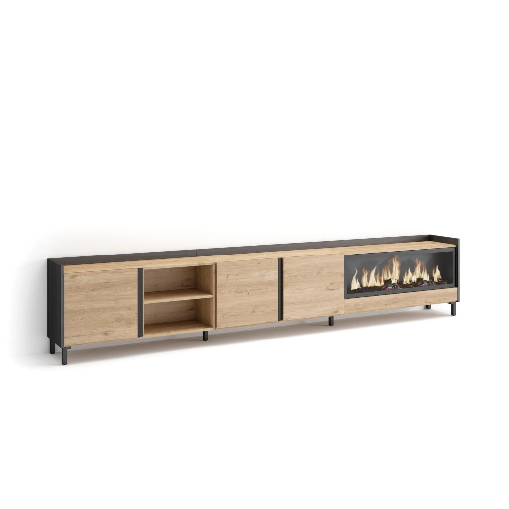 Mobile TV Soggiorno, 315x61x35 cm, Per TV fino a 80", Camino elettrico XXL, Design industriale, Rovere e nero