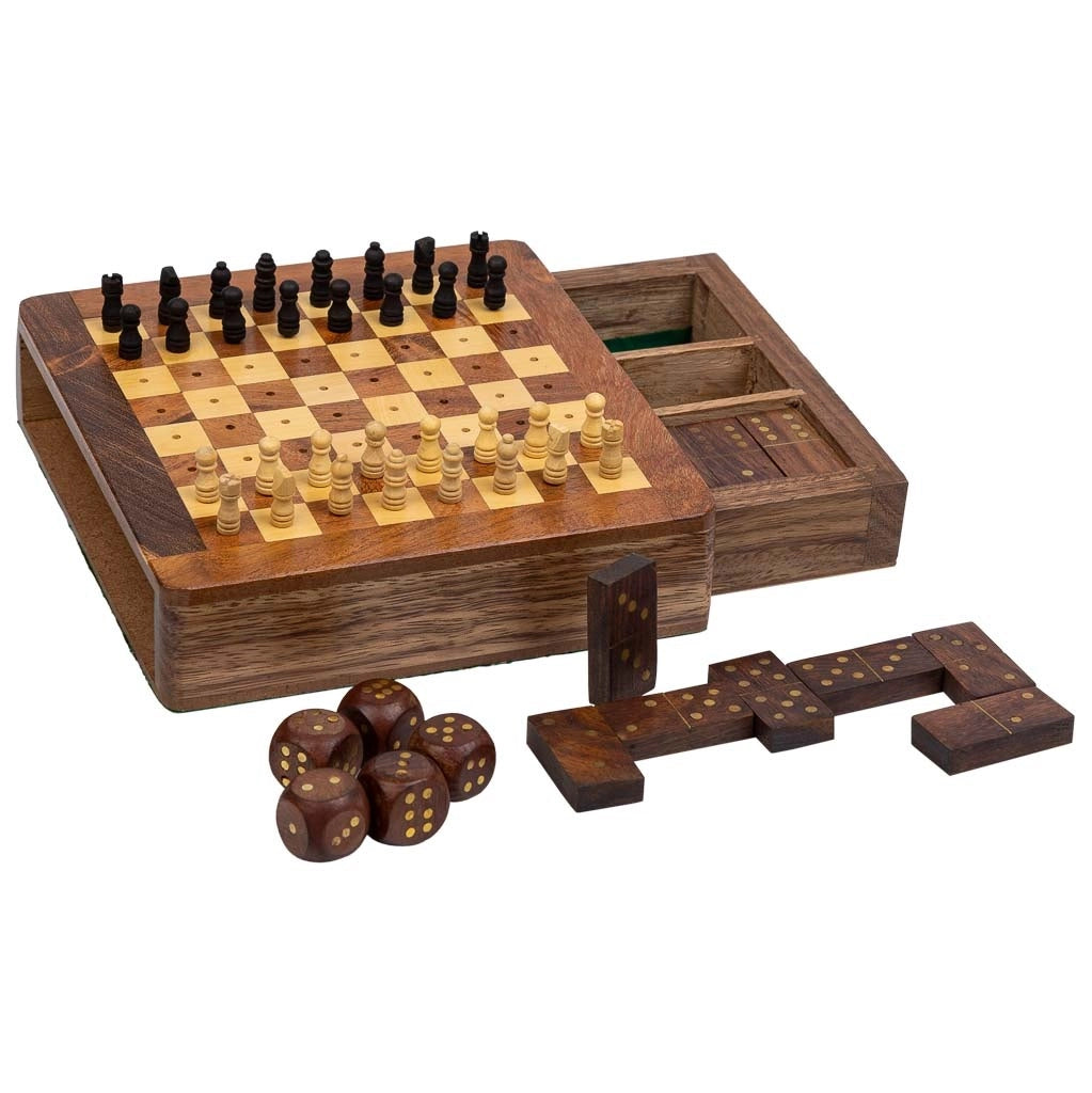 Gioco 3/11 (scacchi+domino+dadi) in scatola, legno marrone 15,5x16x3