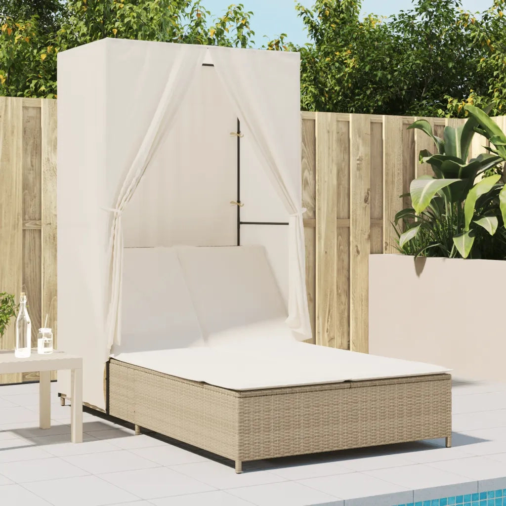 Lettino Prendisole | Sdraio da giardino | Lettino da sole con Tetto e Tende Beige in Polyrattan