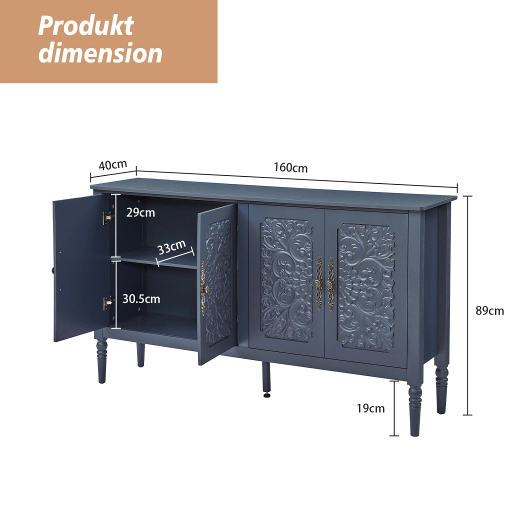 Credenza con ante a rilievo retrò e gambe tornite blu navy 160 × 40 × 89 cm
