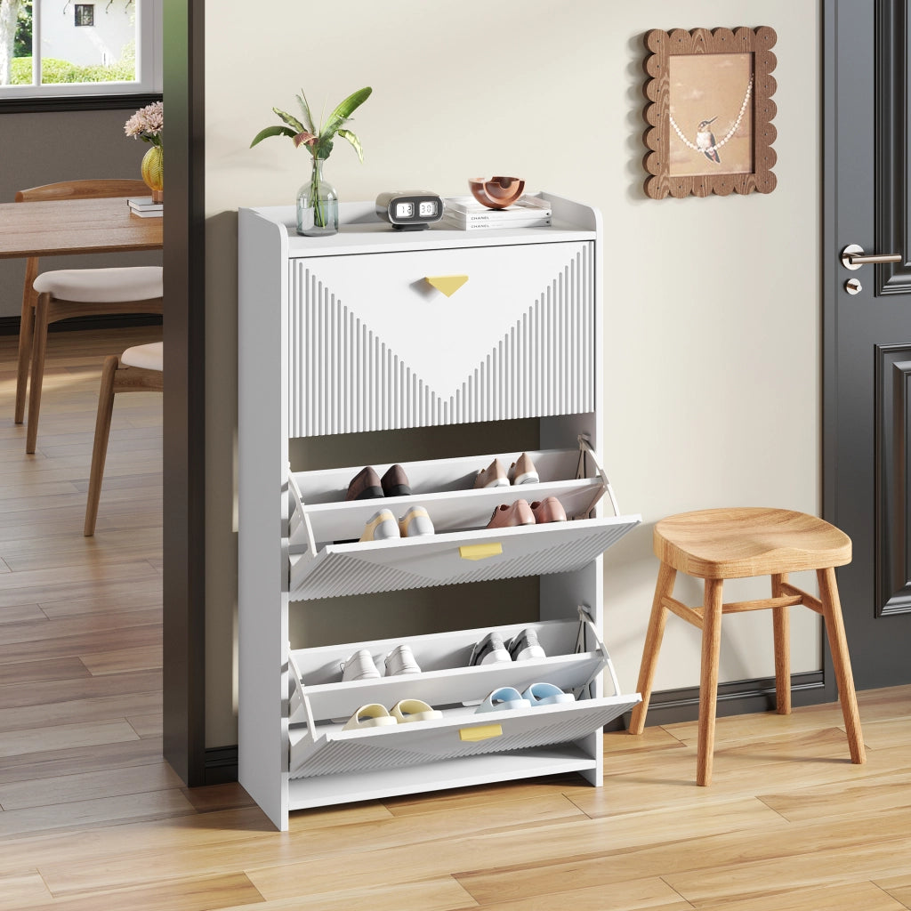 Scarpiera con 3 ante ribaltabili e 6 vani, ripiani regolabili, per ingresso, in MDF, bianco, 70 × 30 × 120 cm