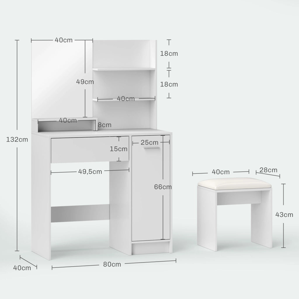 Cassettiera con Specchio e Sgabello ¨C Xylo ¨C Bianco Beige con Ripiani Aperti